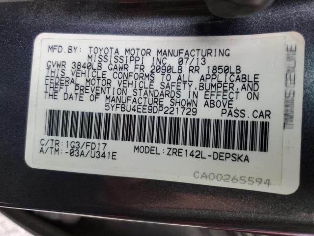 Photo 10 from auction – 2013 TOYOTA COROLLA BA with VIN 5YFBU4EE9DP221729