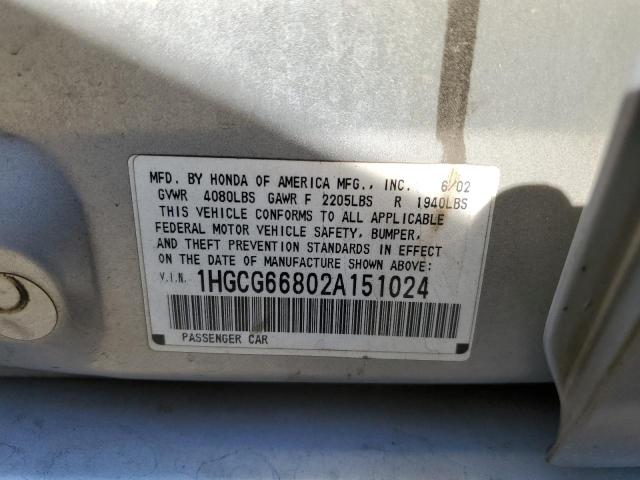 Photo 10 from auction – 2002 HONDA ACCORD with VIN 1HGCG66802A151024