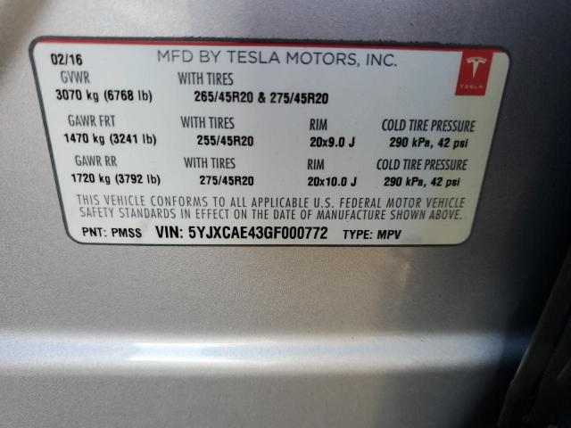 Photo 10 from auction – 2016 TESLA MODEL X with VIN 5YJXCAE43GF000772