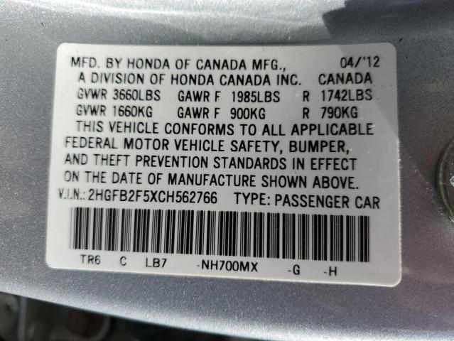 Photo 10 from auction – 2012 HONDA CIVIC LX with VIN 2HGFB2F5XCH562766