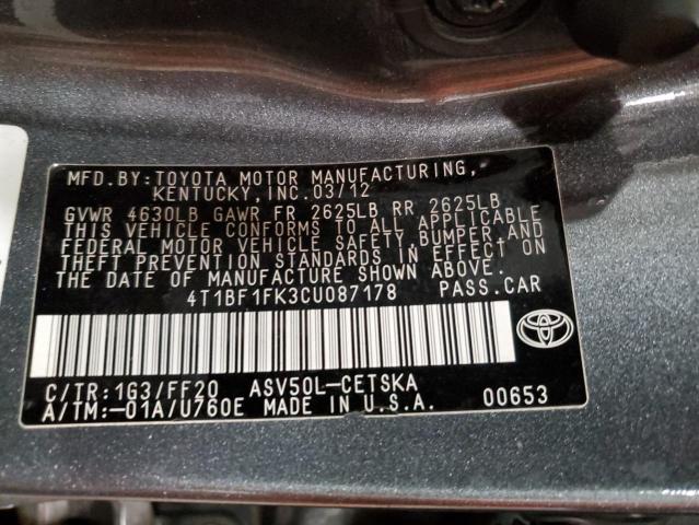 Photo 10 from auction – 2012 TOYOTA CAMRY BASE with VIN 4T1BF1FK3CU087178