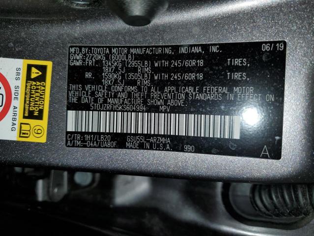 Photo 10 from auction – 2019 TOYOTA HIGHLANDER with VIN 5TDJZRFH5KS604994