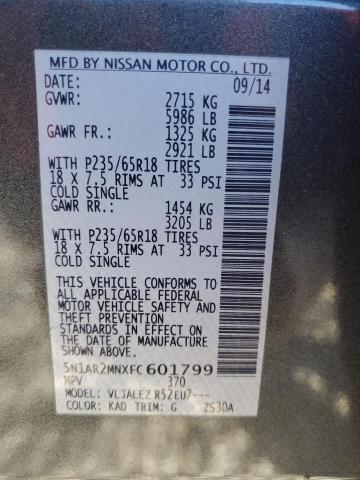 Photo 10 from auction – 2015 NISSAN PATHFINDER with VIN 5N1AR2MNXFC601799