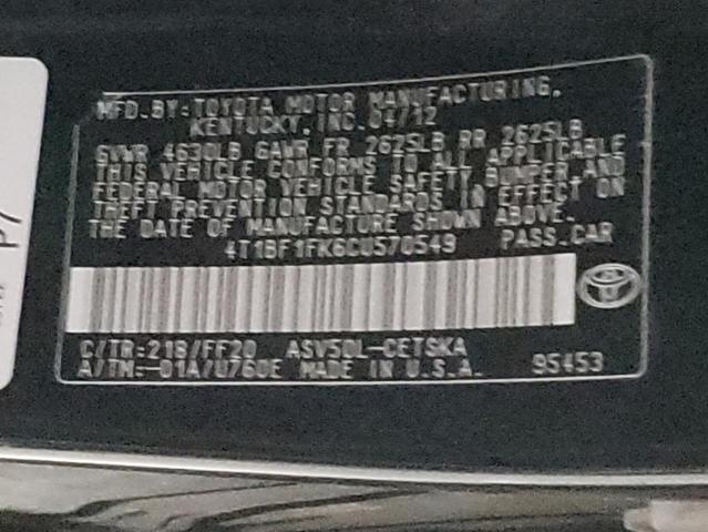 Фото 10 с аукциона – 2012 TOYOTA CAMRY BASE с VIN 4T1BF1FK6CU570549