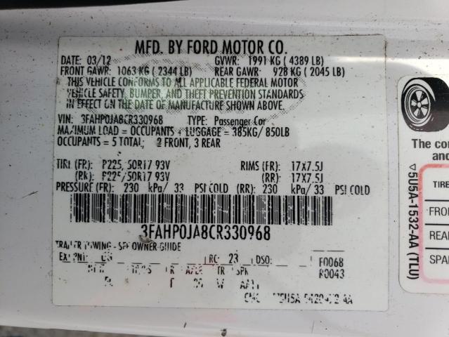 Photo 10 from auction – 2012 FORD FUSION SEL with VIN 3FAHP0JA8CR330968