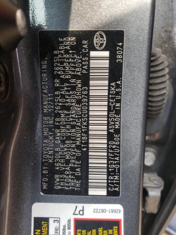 Photo 10 from auction – 2012 TOYOTA CAMRY BASE with VIN 4T1BF1FK5CU039763