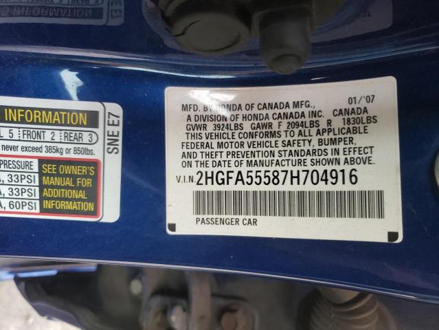 Photo 10 from auction – 2007 HONDA CIVIC SI with VIN 2HGFA55587H704916