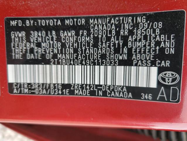 Photo 10 from auction – 2009 TOYOTA COROLLA BA with VIN 2T1BU40E49C113033
