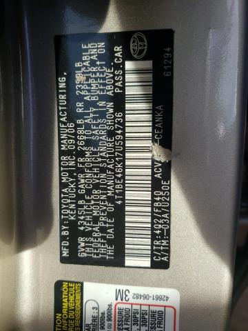 Photo 10 from auction – 2007 TOYOTA CAMRY with VIN 4T1BE46K17U594736