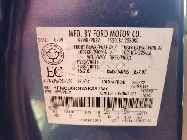 Photo 10 from auction – 2010 FORD ESCAPE XLT with VIN 1FMCU0DG2AKA91380
