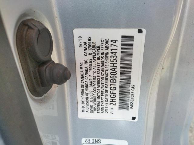 Photo 10 from auction – 2010 HONDA CIVIC LX with VIN 2HGFG1B60AH534174
