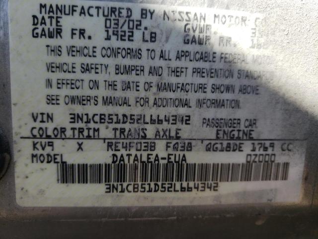Photo 10 from auction – 2002 NISSAN SENTRA XE with VIN 3N1CB51D52L664342