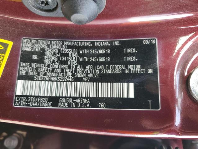 Photo 10 from auction – 2019 TOYOTA HIGHLANDER with VIN 5TDZZRFH8KS292446