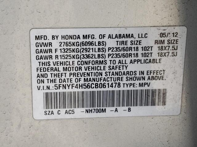 Фото 10 с аукциона – 2012 HONDA PILOT EXL с VIN 5FNYF4H56CB061478