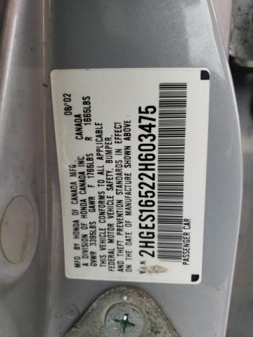 Photo 10 from auction – 2002 HONDA CIVIC LX with VIN 2HGES16522H603475