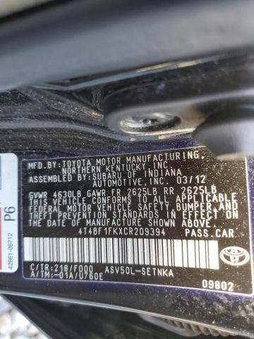 Photo 10 from auction – 2012 TOYOTA CAMRY BASE with VIN 4T4BF1FKXCR209394