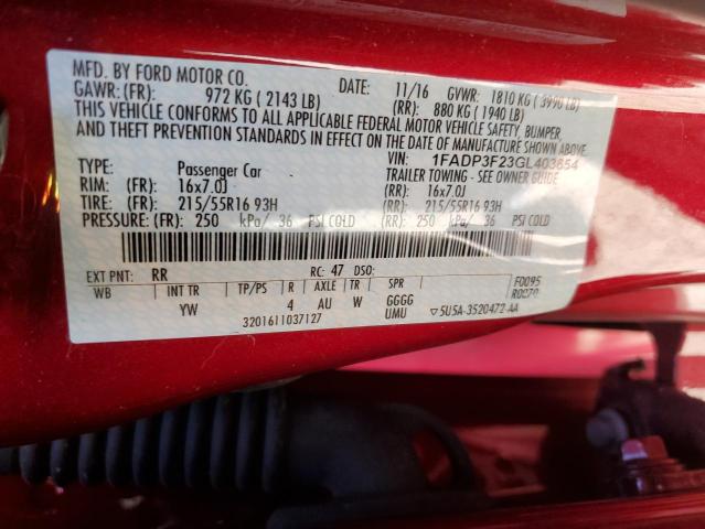 Photo 10 from auction – 2016 FORD FOCUS SE with VIN 1FADP3F23GL403654