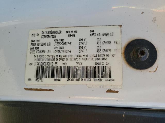 Photo 10 from auction – 2003 DODGE RAM 2500 S with VIN 3D7KU28C03G812105