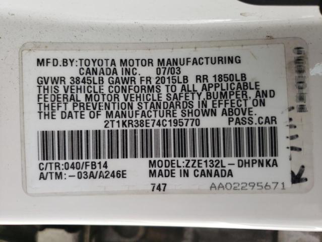 Photo 10 from auction – 2004 TOYOTA COROLLA MA with VIN 2T1KR38E74C195770