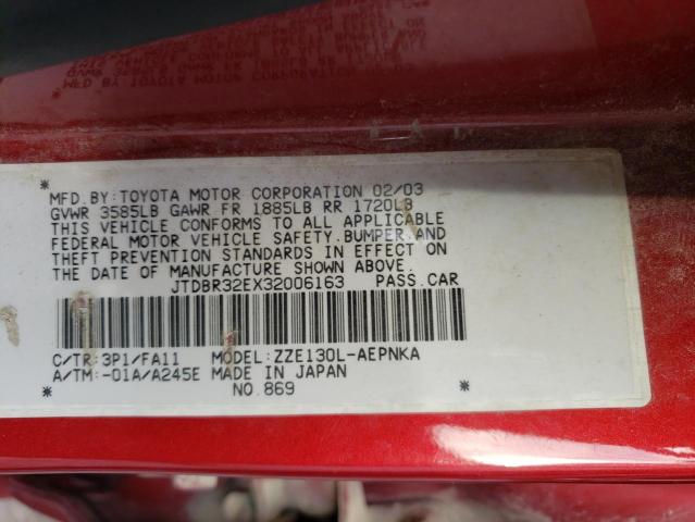 Photo 10 from auction – 2003 TOYOTA COROLLA with VIN JTDBR32EX32006163