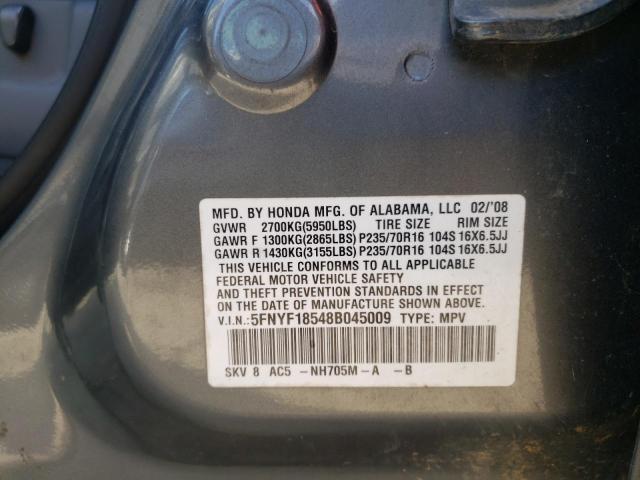 Photo 10 from auction – 2008 HONDA PILOT EXL with VIN 5FNYF18548B045009