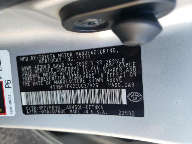 Photo 10 from auction – 2012 TOYOTA CAMRY BASE with VIN 4T1BF1FK2CU027926