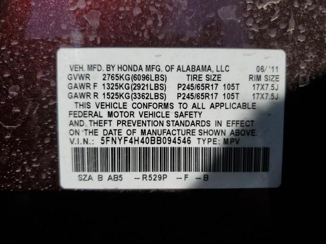 Photo 10 from auction – 2011 HONDA PILOT EX with VIN 5FNYF4H40BB094546