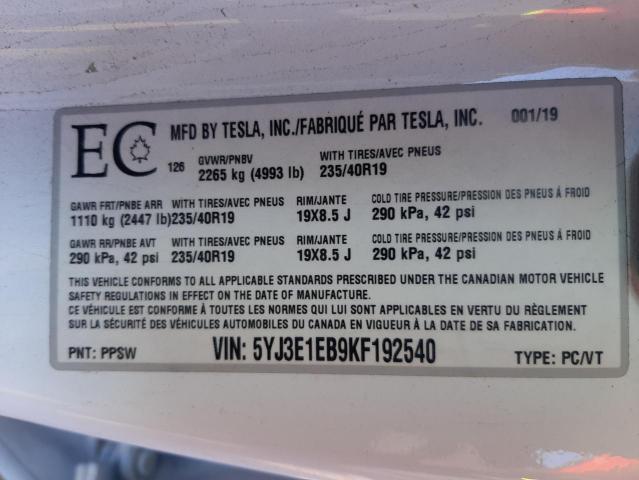 Photo 10 from auction – 2019 TESLA MODEL 3 with VIN 5YJ3E1EB9KF192540