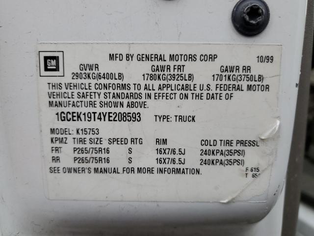 Photo 10 from auction – 2000 CHEVROLET SILVERADO with VIN 1GCEK19T4YE208593