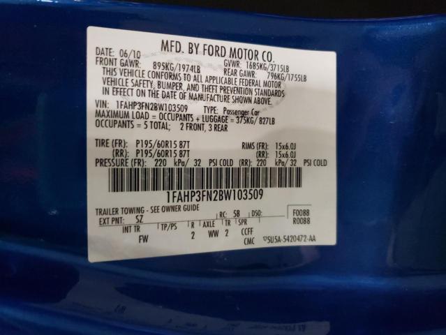 Photo 10 from auction – 2011 FORD FOCUS SE with VIN 1FAHP3FN2BW103509