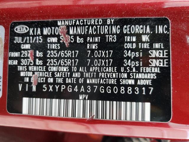 Photo 10 from auction – 2016 KIA SORENTO LX with VIN 5XYPG4A37GG088317