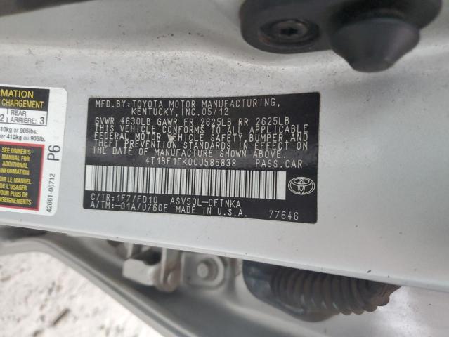 Photo 10 from auction – 2012 TOYOTA CAMRY BASE with VIN 4T1BF1FK0CU585838