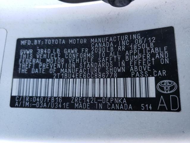 Photo 10 from auction – 2012 TOYOTA COROLLA BA with VIN 2T1BU4EE6CC886778