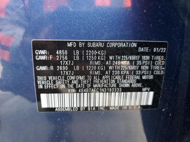 Photo 10 from auction – 2022 SUBARU OUTBACK PR with VIN 4S4BTAFC1N3193333