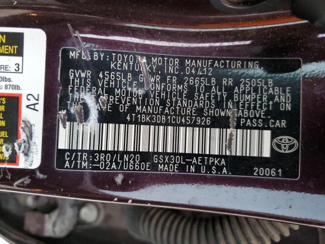 Photo 10 from auction – 2012 TOYOTA AVALON BAS with VIN 4T1BK3DB1CU457926