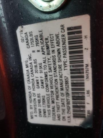 Photo 10 from auction – 2015 HONDA CIVIC SE with VIN 2HGFB2F70FH528857