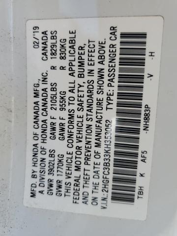 Photo 10 from auction – 2019 HONDA CIVIC EX with VIN 2HGFC3B33KH353052