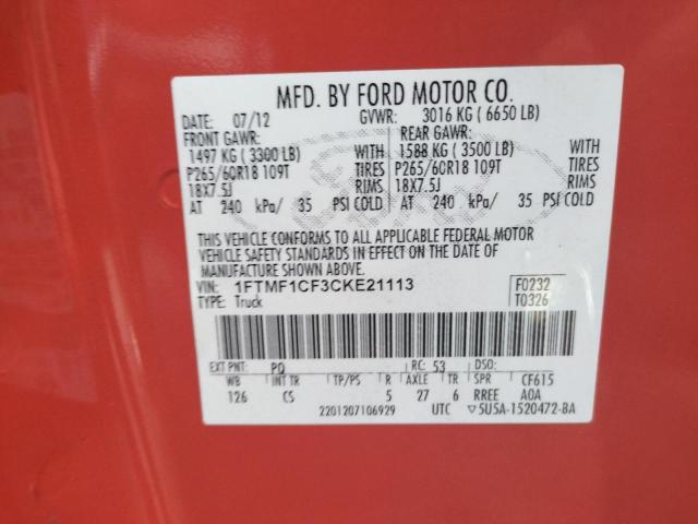 Photo 10 from auction – 2012 FORD F150 with VIN 1FTMF1CF3CKE21113