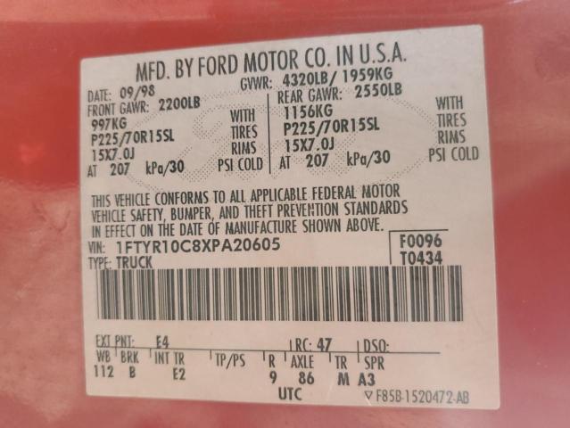 Photo 10 from auction – 1999 FORD RANGER with VIN 1FTYR10C8XPA20605