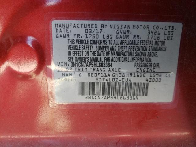 Photo 10 from auction – 2017 NISSAN VERSA S with VIN 3N1CN7AP5HL863364