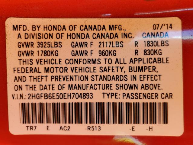 Photo 10 from auction – 2014 HONDA CIVIC SI with VIN 2HGFB6E50EH704893