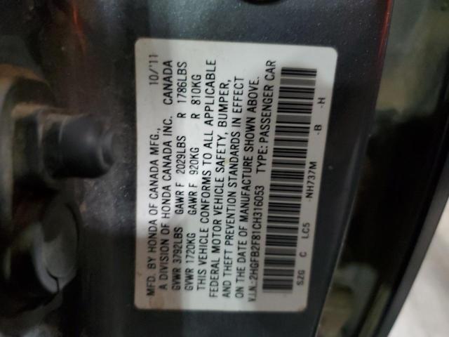 Photo 10 from auction – 2012 HONDA CIVIC EX with VIN 2HGFB2F81CH316053