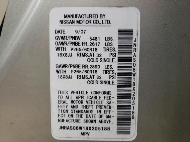 Photo 10 from auction – 2008 INFINITI FX35 with VIN JNRAS08W18X205188