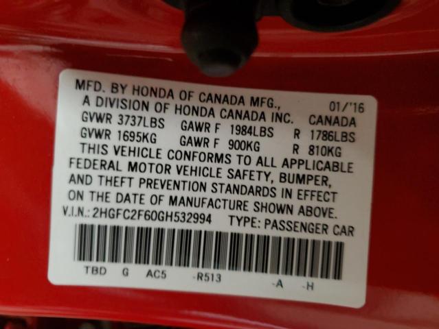 Photo 10 from auction – 2016 HONDA CIVIC LX with VIN 2HGFC2F60GH532994