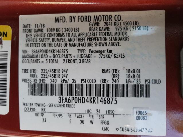 Photo 10 from auction – 2019 FORD FUSION SE with VIN 3FA6P0HD4KR146875