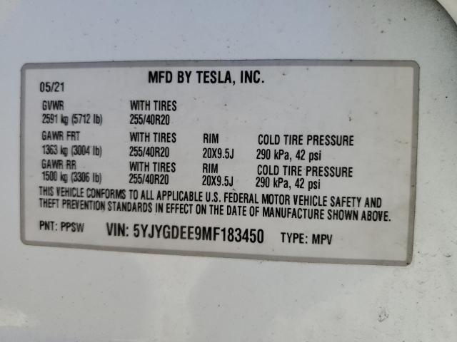Photo 10 from auction – 2021 TESLA MODEL Y with VIN 5YJYGDEE9MF183450