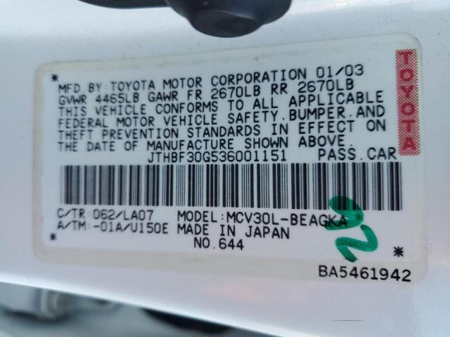 Photo 10 from auction – 2003 LEXUS ES 300 with VIN JTHBF30G536001151