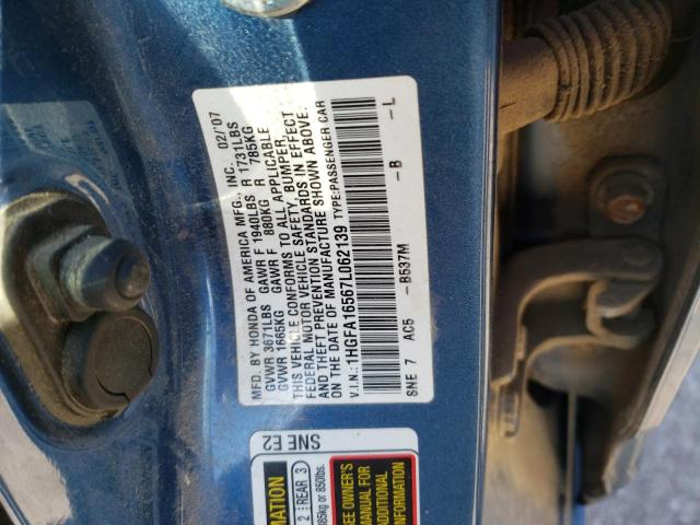 Photo 10 from auction – 2007 HONDA CIVIC LX with VIN 1HGFA16567L062139