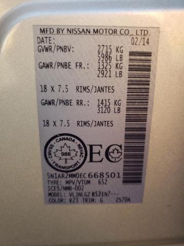 Photo 10 from auction – 2014 NISSAN PATHFINDER with VIN 5N1AR2MM0EC668501