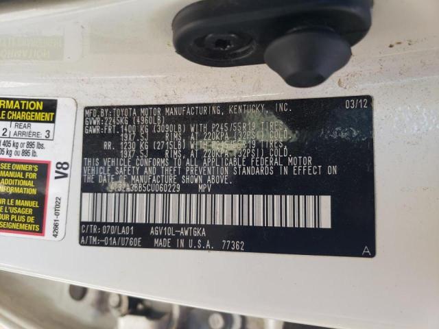 Photo 10 from auction – 2012 TOYOTA VENZA LE with VIN 4T3ZA3BB5CU060229